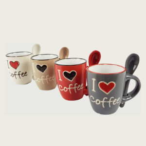 SET 4 TAZZINE CAFFE' I LOVE COFFEE CON CUCCHIAINO IN CERAMICA