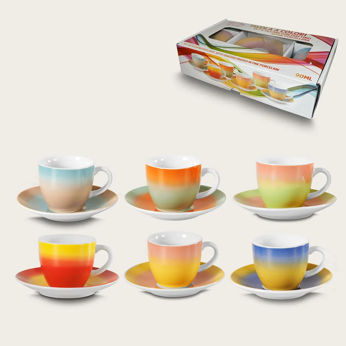 Set 6 tazze da caffè tavola a colori con piattino in porcellana