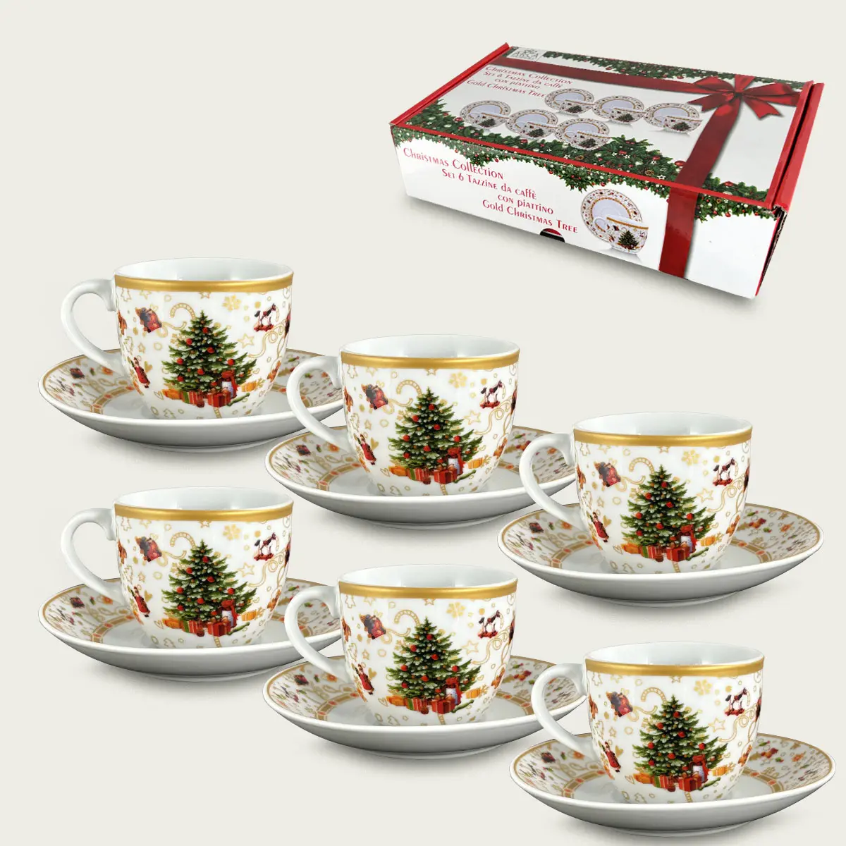 Set 6 Tazze Da Caffè Christmas Tree Gold Con Piattino