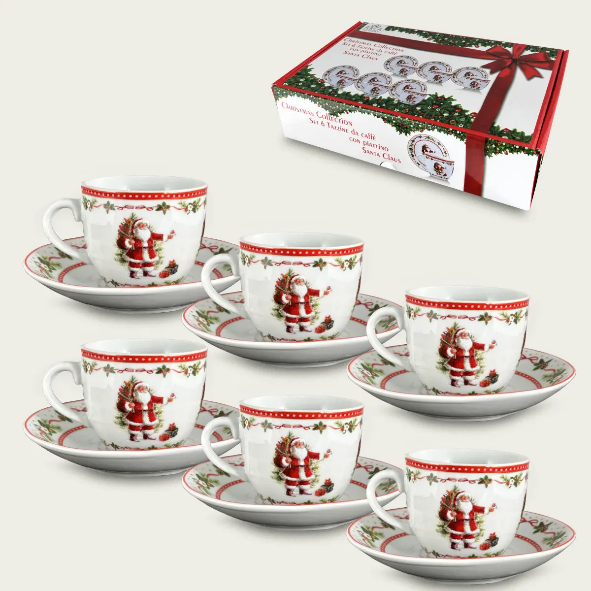 Set 6 Tazze Da Caffè Santa Claus Con Piattino